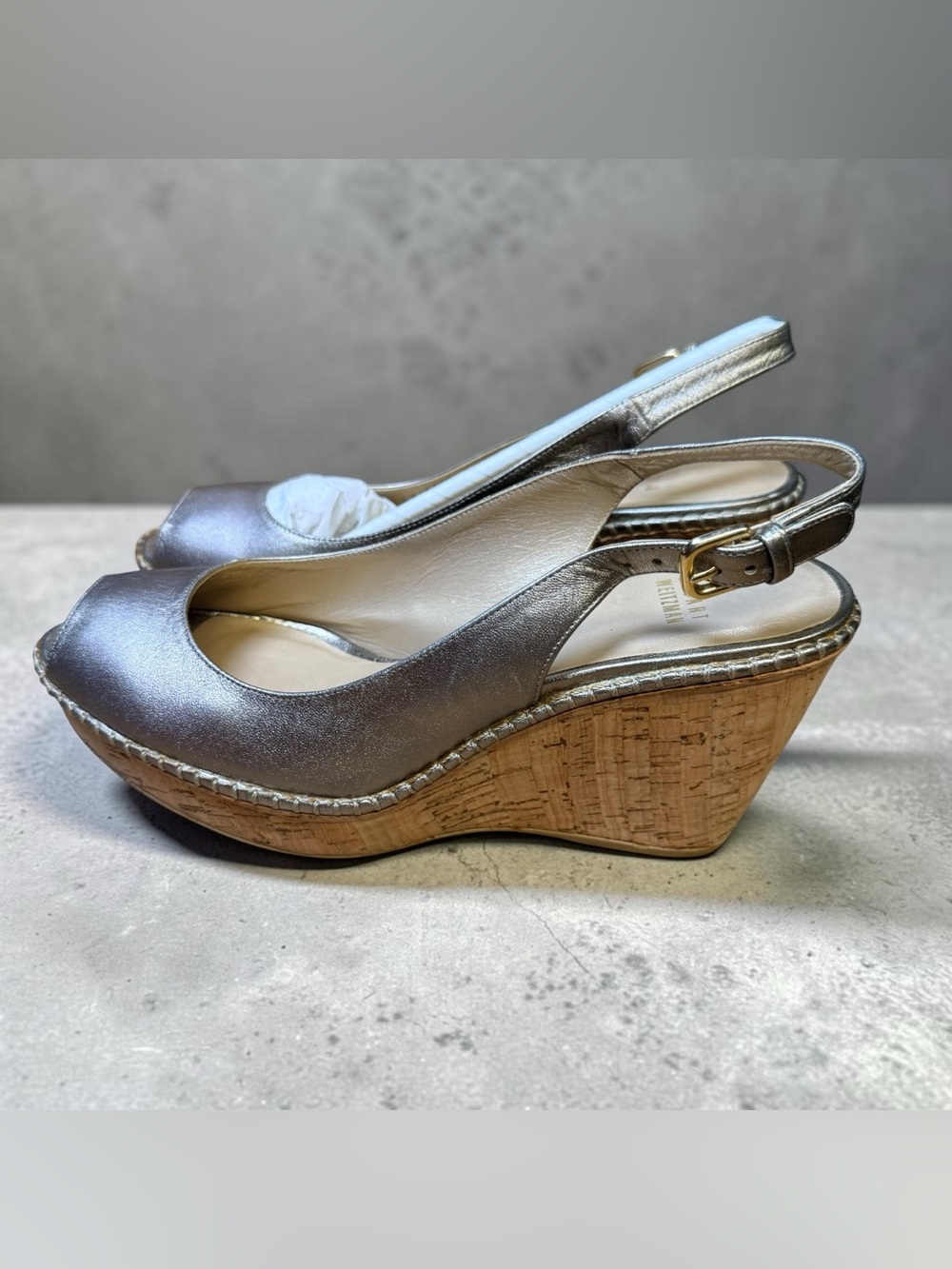 Stuart Weitzman Metallic Silver Cork Wedge Slingback Sandals